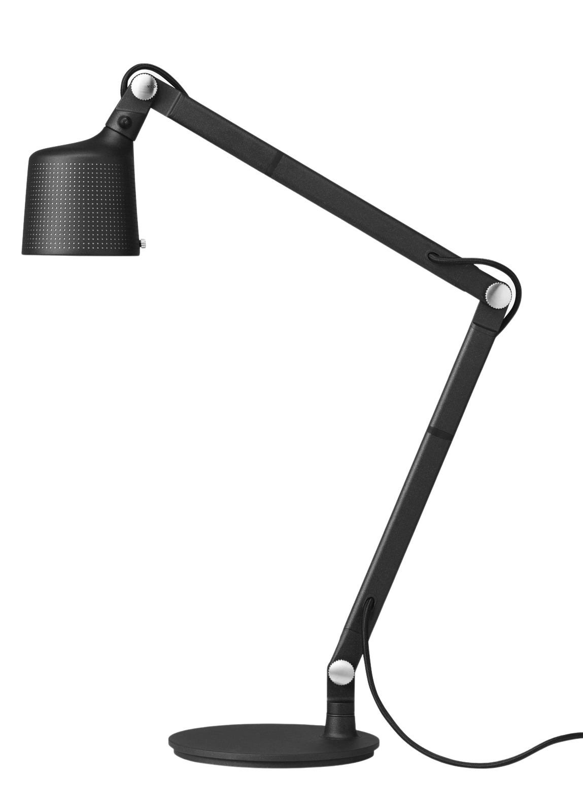 Schwarze Vipp Tischlampe mit verstellbarem Arm und perforiertem Lampenschirm für modernes Arbeitszimmer oder Büro.